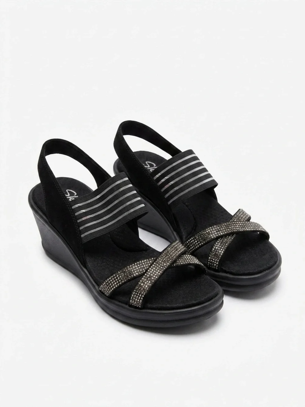 Skechers Rumblers Black Rhinestone Wedge Sandals Striped Elastic Size 7W Y2K